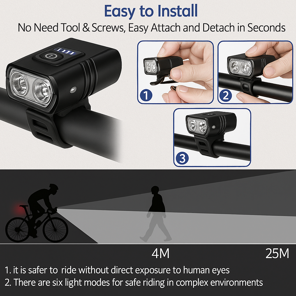 LED Bicycle Front Light – Type-C Rechargeable Bike Headlight | Easy Install MTB & Road Bike Lamp | 6 Lighting Modes Cycling Accessories