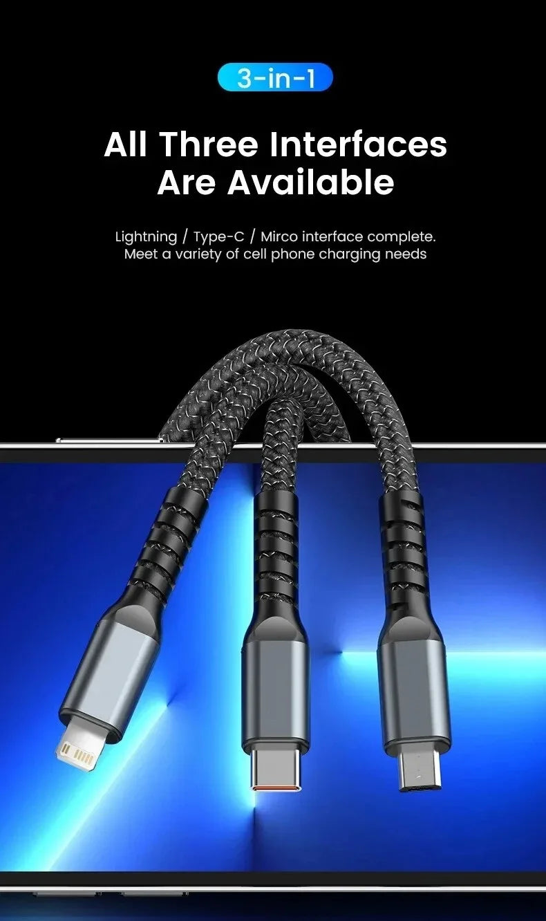 3 In 1 100w Transparent Fast Charging Cable Type C Usb Micro For Iphone Samsung Huawei Xiaomi Pilot Lamp Charger Usb C 6A