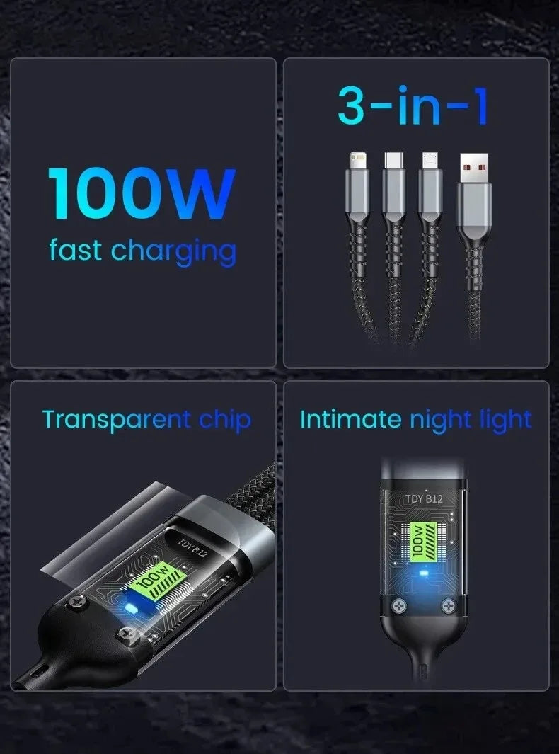 3 In 1 100w Transparent Fast Charging Cable Type C Usb Micro For Iphone Samsung Huawei Xiaomi Pilot Lamp Charger Usb C 6A