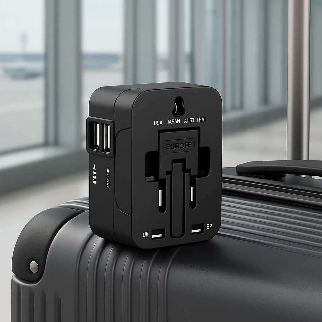 Universal Travel Adapter ā Global Power Plug Converter with USB Ports, EU/US/UK/AU Socket Compatibility, Safety Cover & Locking System