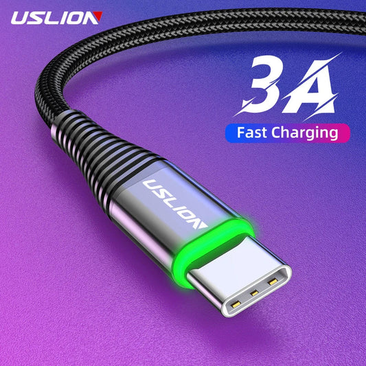 USLION 0.5m/1m/2m LED 3A USB Type C Cable Fast Charge Wire for Samsung Galaxy Xiaomi Huawei Note 7 Data USB-C Cable Charger Cord