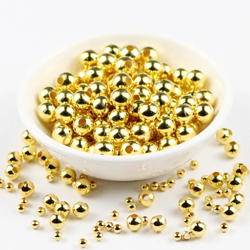JHNBY Gold Plated Metal beads 2/3/4/5/6/8MM Round Iron Spacer Loose Beads For Jewelry Bracelets Necklace Making DIY Accessories