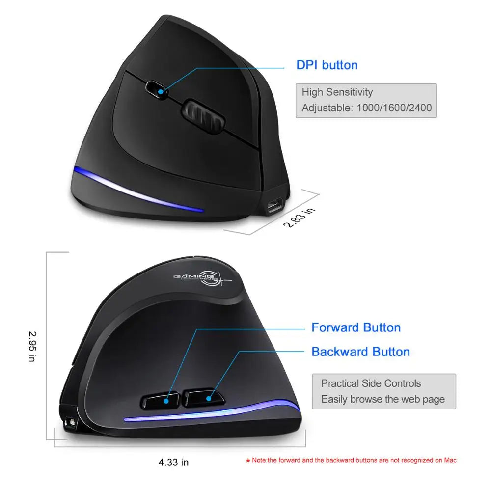 Lefon F35 Wireless Vertical Mouse 2.4G Rechargeable Ergonomic Optical Mouse 2400 DPI Gaming Mice for Computer Laptop PC Mac IOS