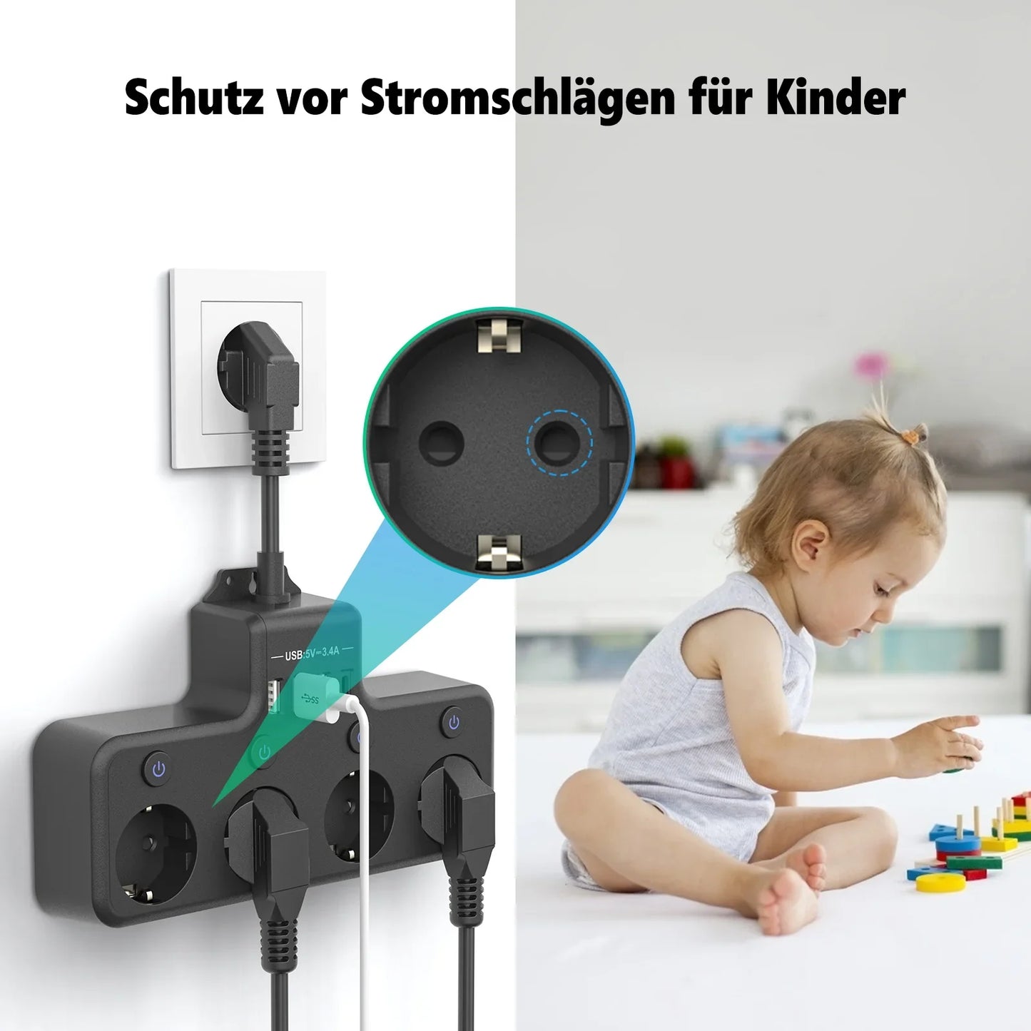 European plug power strip multi-contact socket with 3 USB and 1Type-C ports household power socket with switch surge protector