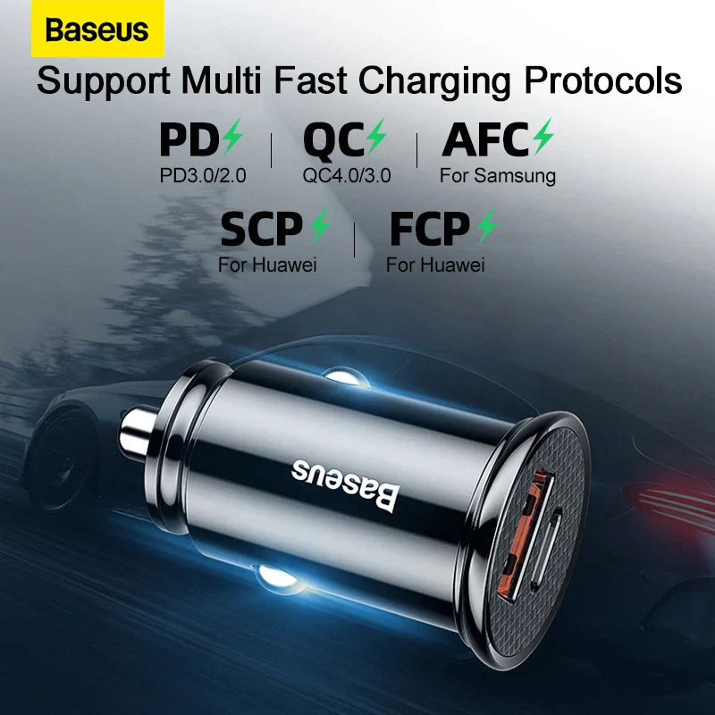 Baseus USB Car Charger Quick Charge QC 4.0 PD 3.0 5A Dual USB Type C Fast Charging Car Charger For iPhone 14 Pro Xiaomi POCO