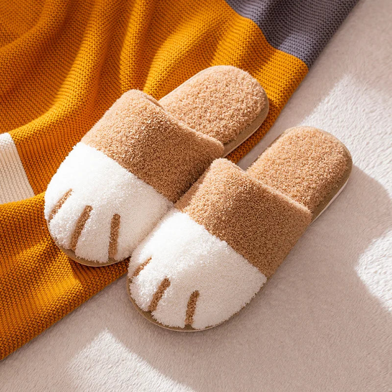 Shevalues Indoor Warm Plush Slippers For Women Men Cute Cat Paw Design House Fur Slippers Mute Flats Slides Indoor Fluffy Shoes