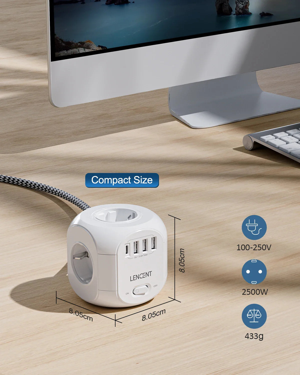 LENCENT EU Plug Power Strip with 4 AC Outlets 3 USB Port 1 Type C 2M/3M Braided Cable Multi Socket with Switch for Home