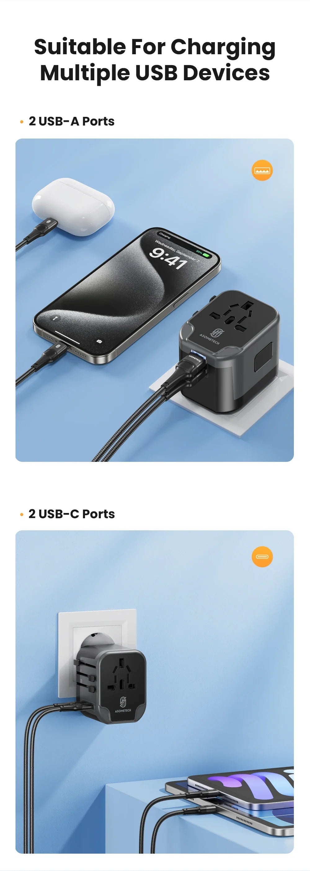 ASOMETECH International Travel Adapter USB Charger 2 USB and 2 Type C Port All-in-one Wall Charger for US EU UK AUS Travel