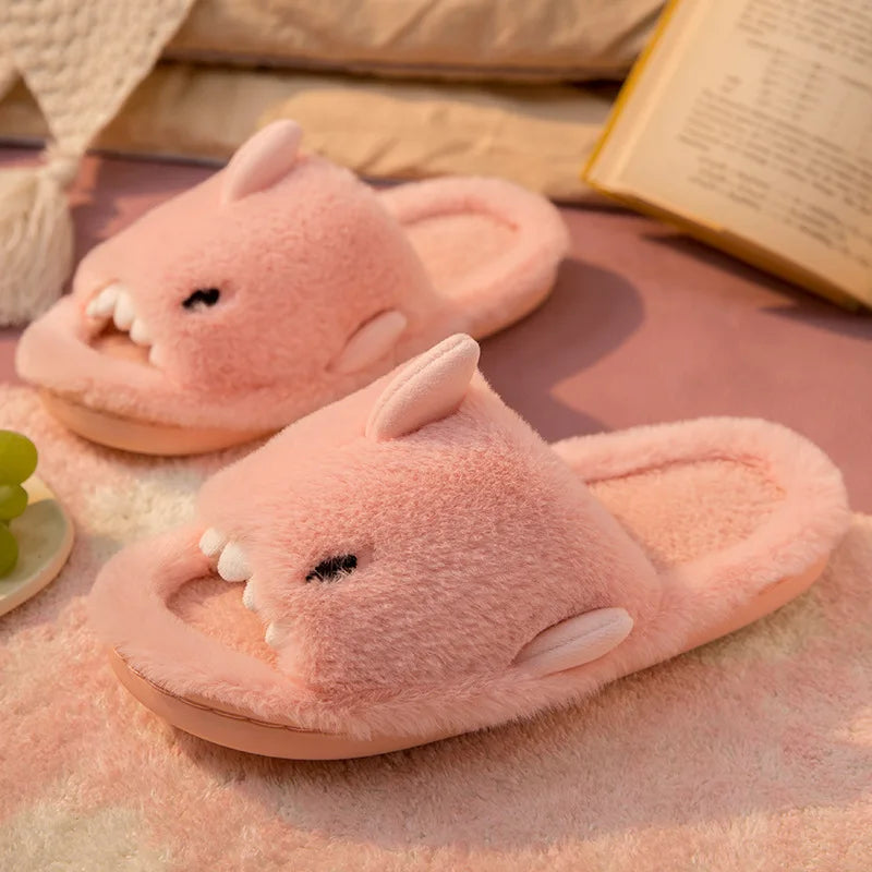 Comwarm Autumn And Winter Cartoon Shark Wool Slippers For Women Soft Home Men's Indoor Household Open Toe Plush Cotton Slippers