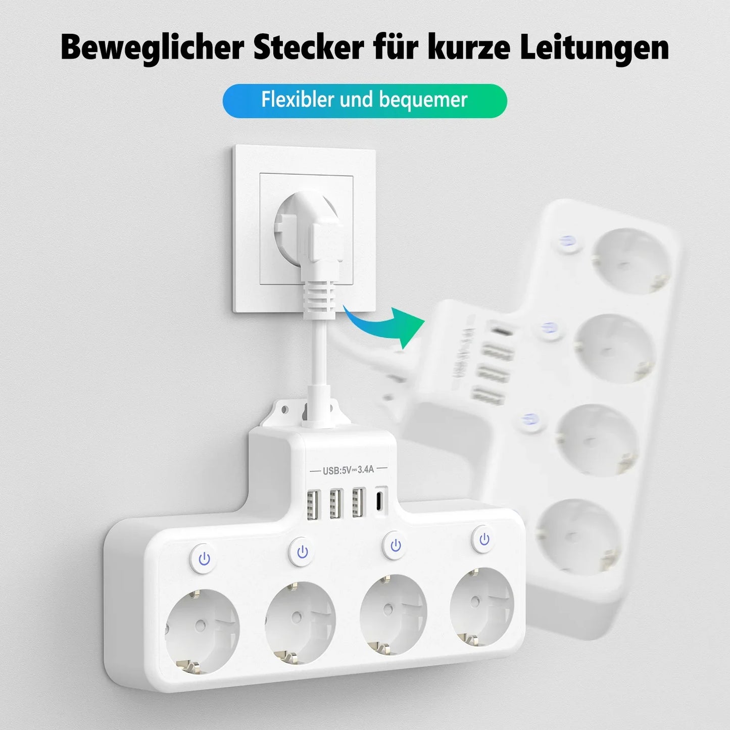 European plug power strip multi-contact socket with 3 USB and 1Type-C ports household power socket with switch surge protector