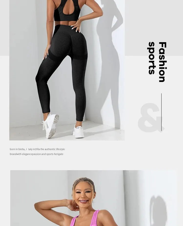 Yoga Basic 2pcs Seamless High Stretch Yoga Set Tracksuit Gym Set Crisscross Back Cami Hip-hugging Tummy Control Leggings