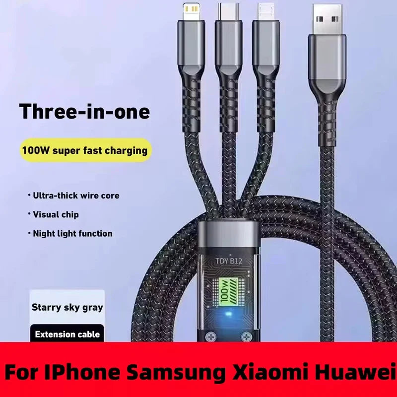 Luminous data cable 3 in1 mobile phone charging cable 100W fast charge braid typec data cable for iPhone Samsung Xiaomi Huawei
