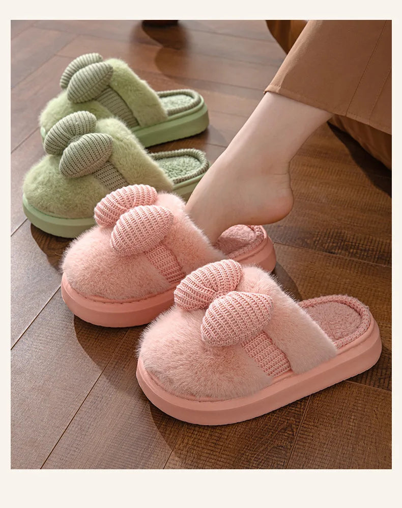 Women Fashion Plush Warm Bows Cotton Slippers Couple Winter New Thick Soft Sole Slides Men Indoor Floor Flat Home Non-slip Shoes