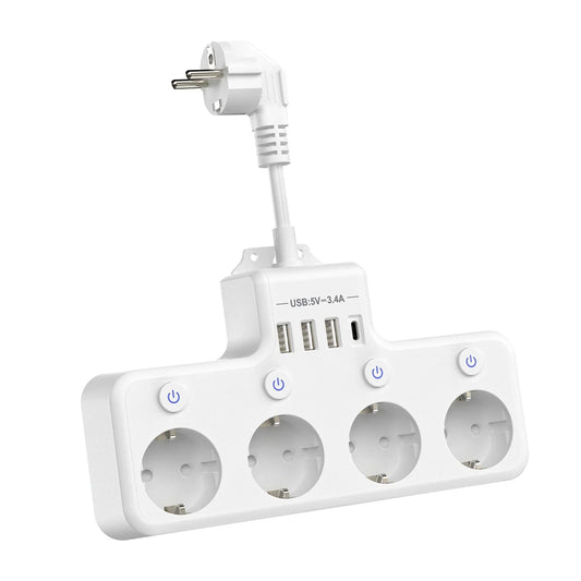 European plug power strip multi-contact socket with 3 USB and 1Type-C ports household power socket with switch surge protector