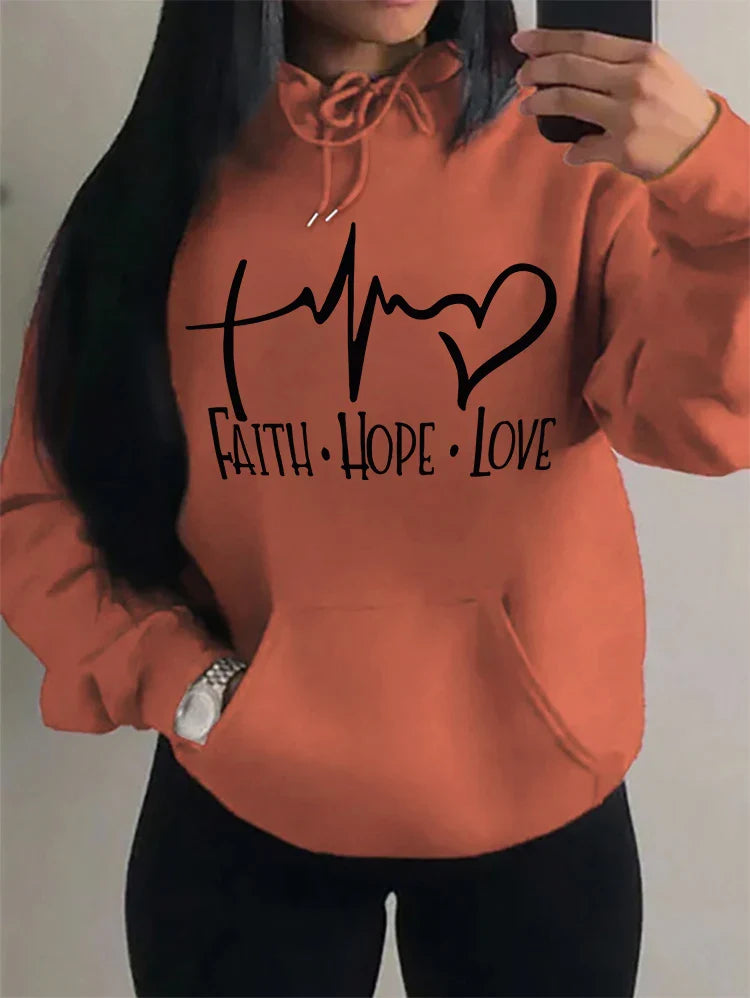 Faith Hope Love Letter Graphic Women Hoody Street Casual Loose Sweatshirt Autumn Fleece Hooded Hip Hop O-Neck Clothing Female