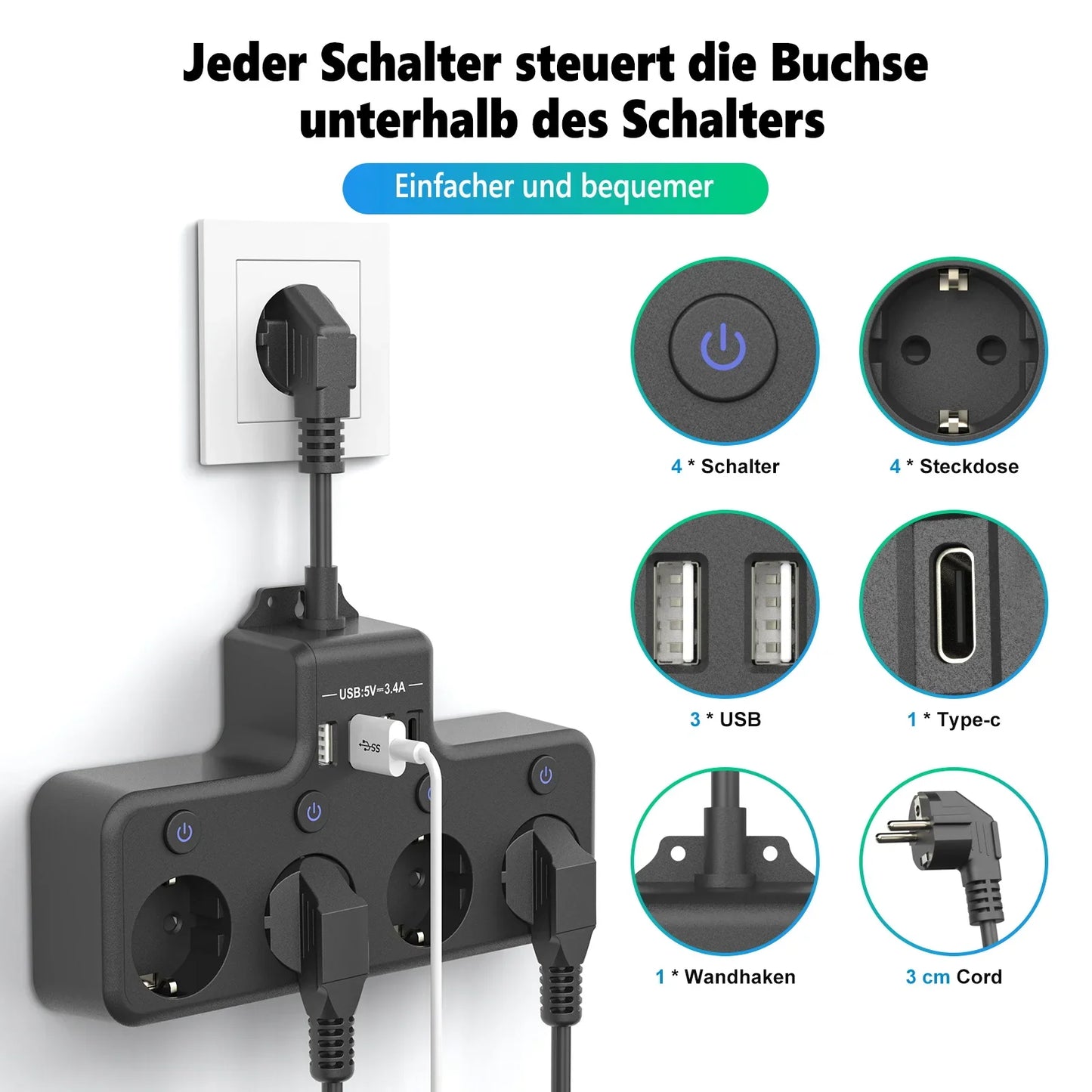 European plug power strip multi-contact socket with 3 USB and 1Type-C ports household power socket with switch surge protector