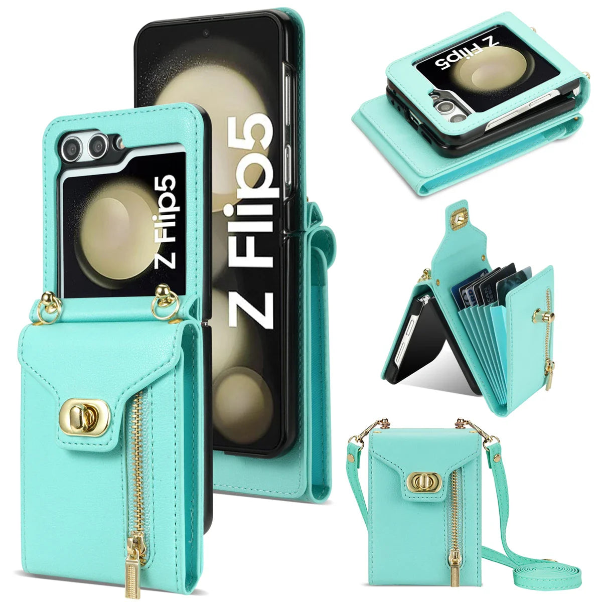 Zipper Wallet Crossbody Phone Case for Samsung Galaxy Z Flip 6 5 4 3 Flip6 Flip5 Flip4 Flip3 5G with Card Holder Leather Cover