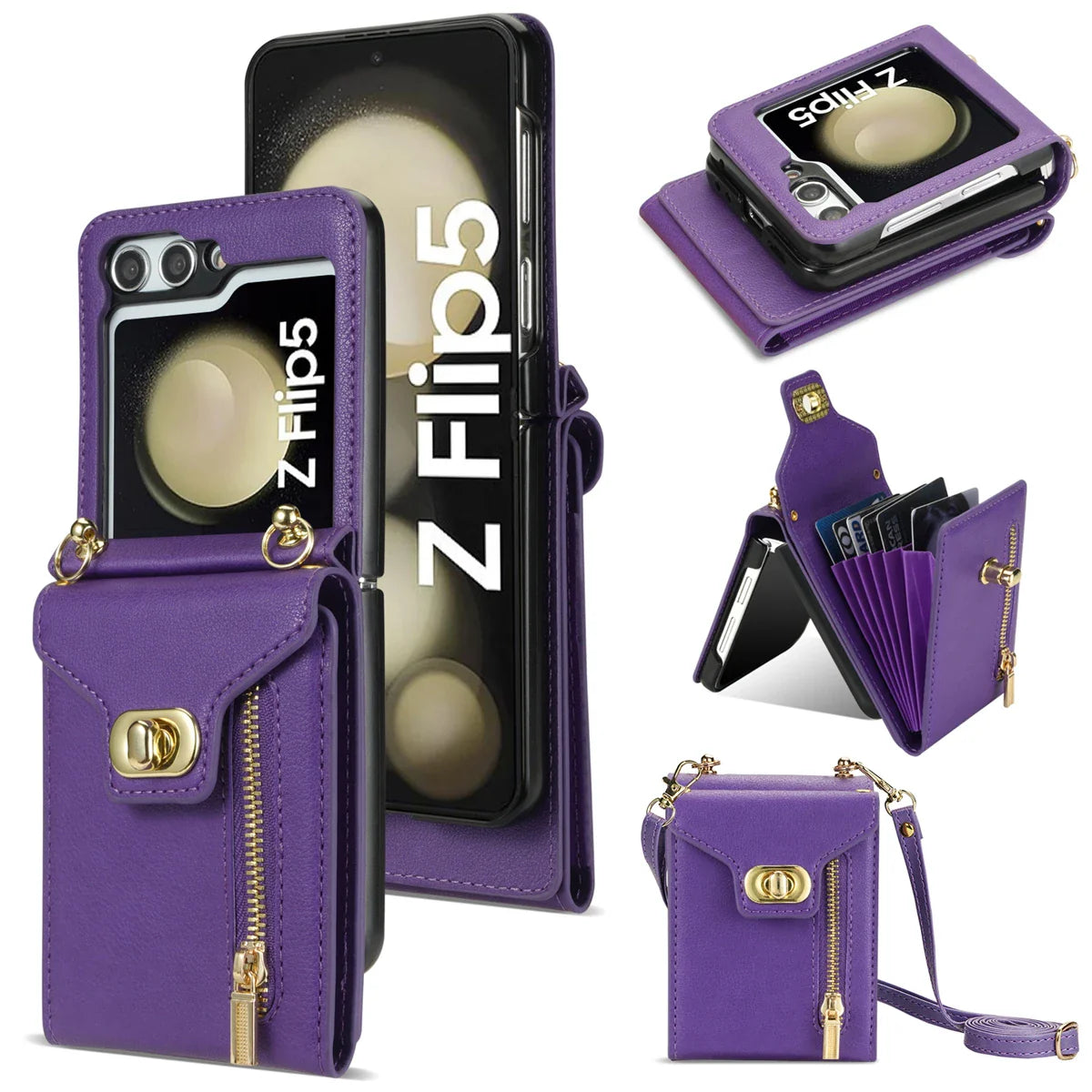 Zipper Wallet Crossbody Phone Case for Samsung Galaxy Z Flip 6 5 4 3 Flip6 Flip5 Flip4 Flip3 5G with Card Holder Leather Cover