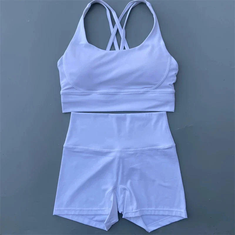 Solid Color gym bike Yoga Set short Legging +cross sport bra Tracksuit  Athletic Women Gym Suit Comprehensive Training Jogging