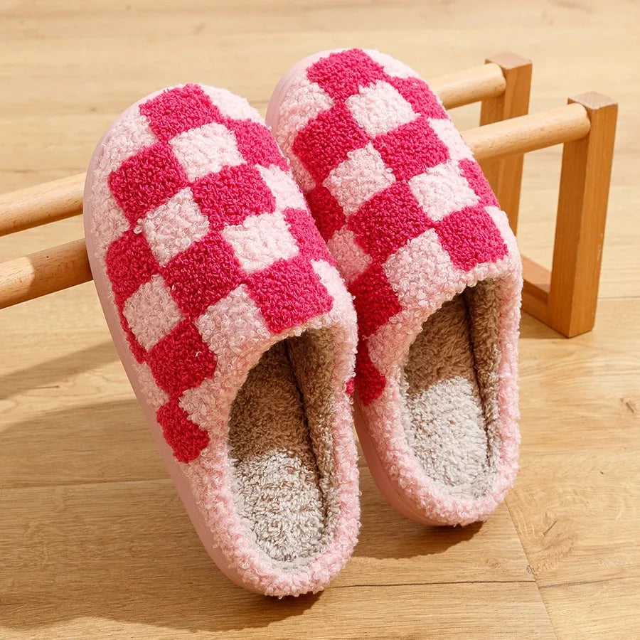 Winter Fuzzy Slippers Fashion Checker Indoor Embroidery Houseshoes Cozy Woman Winter Fluffy House Retro Checkered Print Shoes