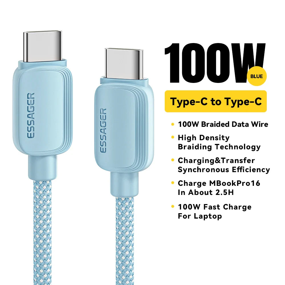 Essager 100W USB Type C To USB C Cable 5A PD Fast Charging Cable Type C Wire For Xiaomi Samsung Huawei Oppo Oneplus Macbook iPad