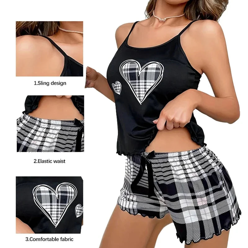Women's new pajama suspender solid color top plaid shorts two-piece set of home wear