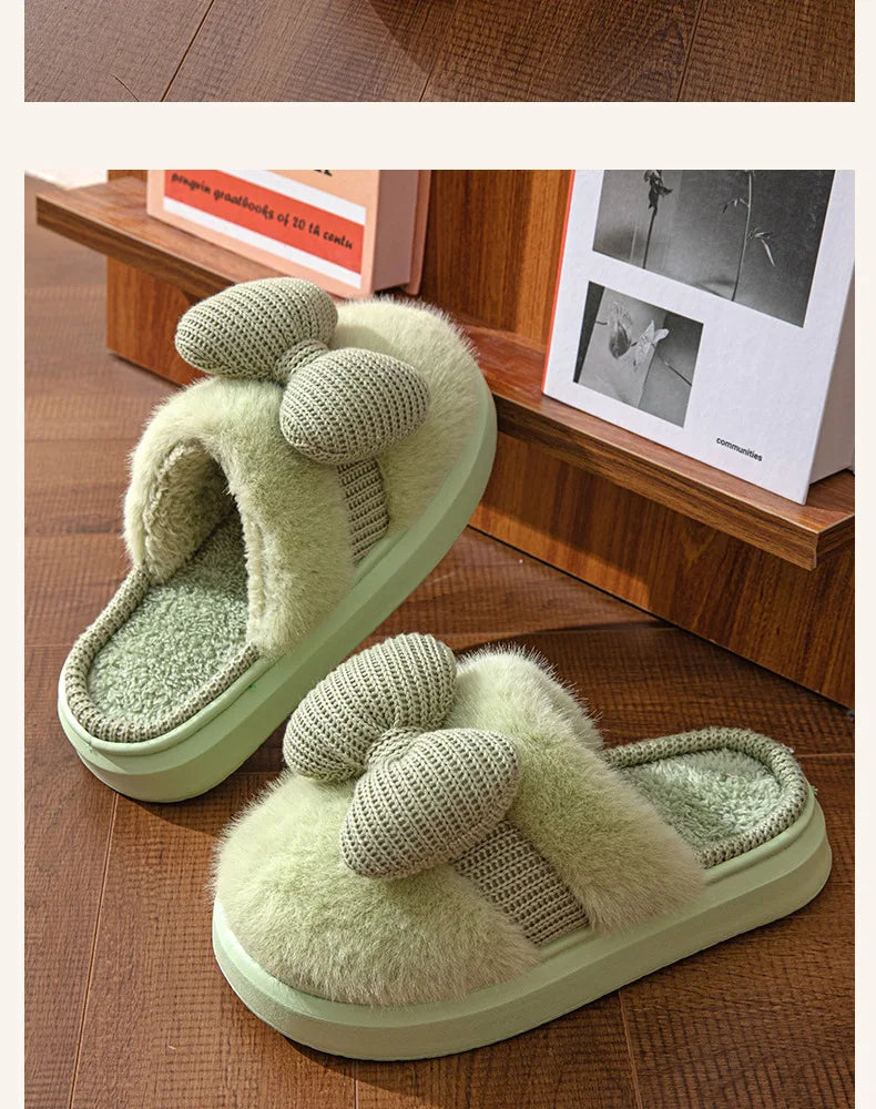 Women Fashion Plush Warm Bows Cotton Slippers Couple Winter New Thick Soft Sole Slides Men Indoor Floor Flat Home Non-slip Shoes