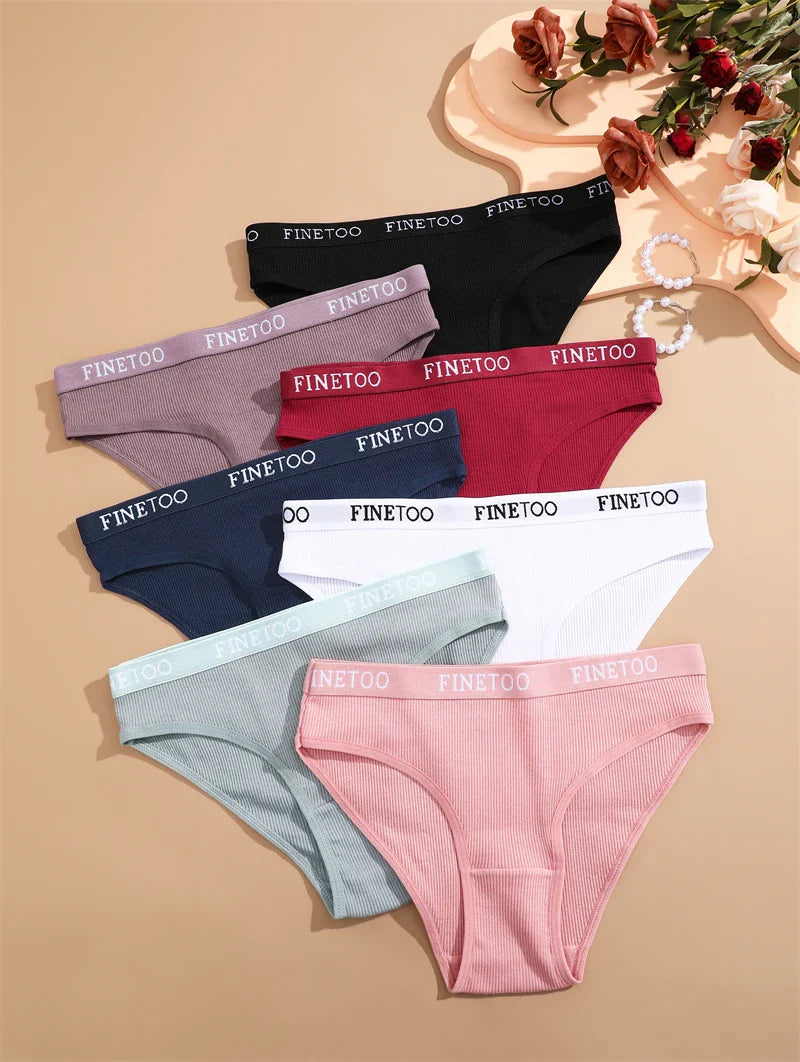 FINETOO 4Pcs Cotton Striped Underwear Women's Panties Letter Belt Briefs Ladies Low Waist Lingerie Solid Breathable Underpants