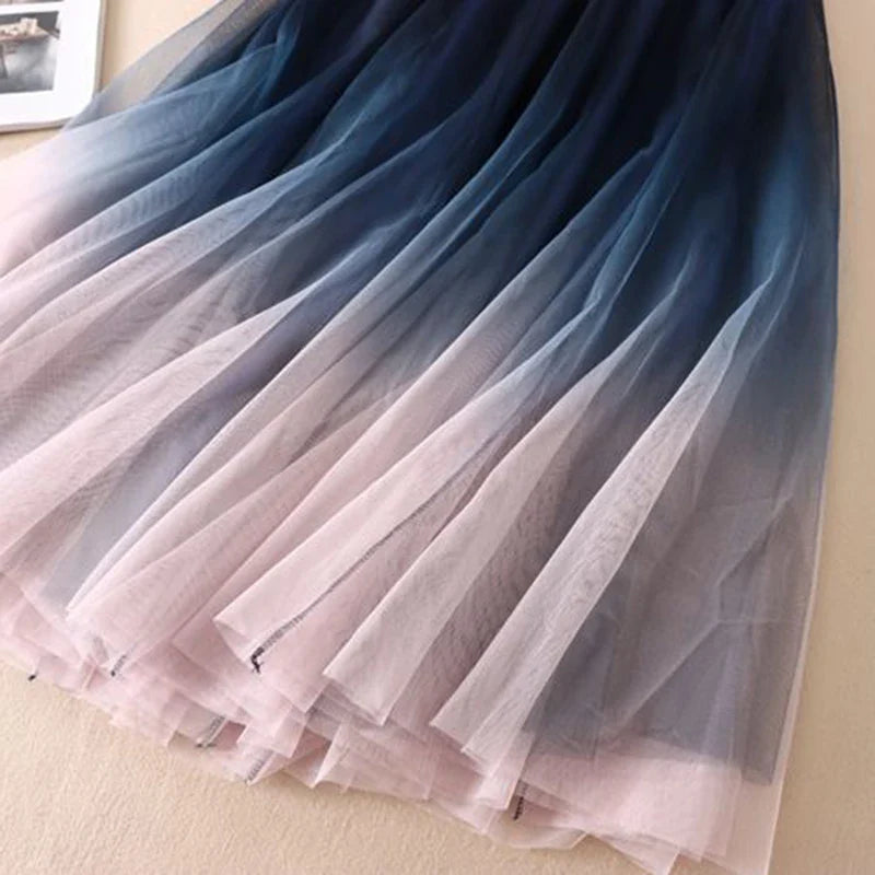 MEXZT Gradient Tulle Midi Skirt Women Elegant Mesh Pleated Skirts Summer Korean Fashion High Waist Casual All Match A Line Skirt