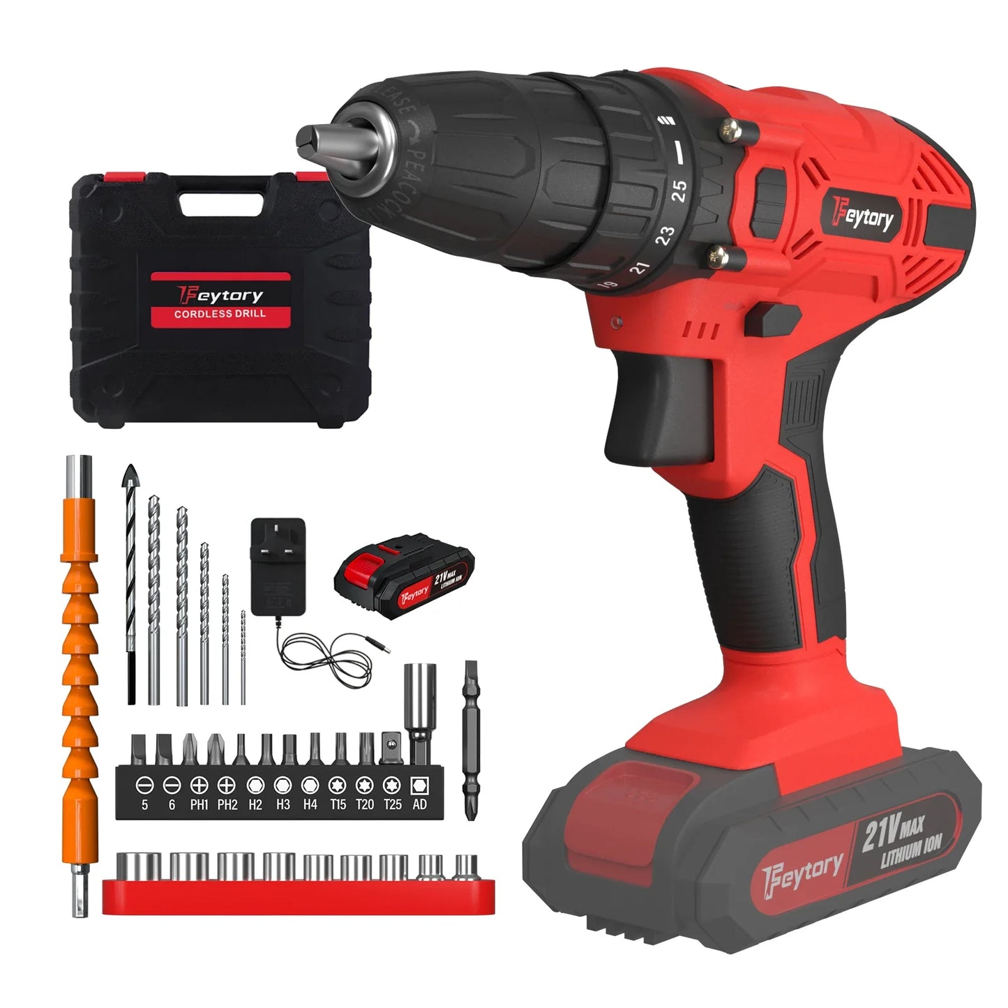 Feytory 21V Cordless Power Drill with 1500mAh Battery Electric Drill Driver 25+1 Torque 45Nm Screwdriver Kit Combi Drill 3/8"