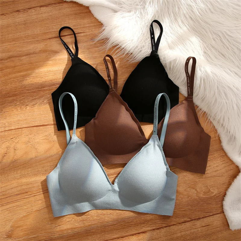 FINETOO Women Wireless Bra Deep V Padded Bralette S-XL Trendy Stripe Knitting Bras Sexy Ladies Brassiere Solid Underwear 6 Color