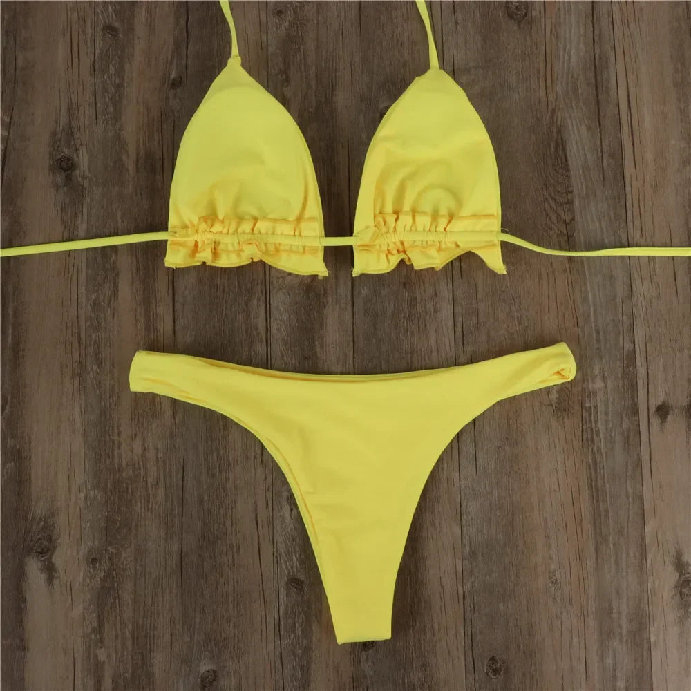 Summer Brazilian Bikini Set Women Sexy Bandage Top Thong Bottom 2 Pieces Set Push-up Swimwear Lace Up Swimsuit Beachwear