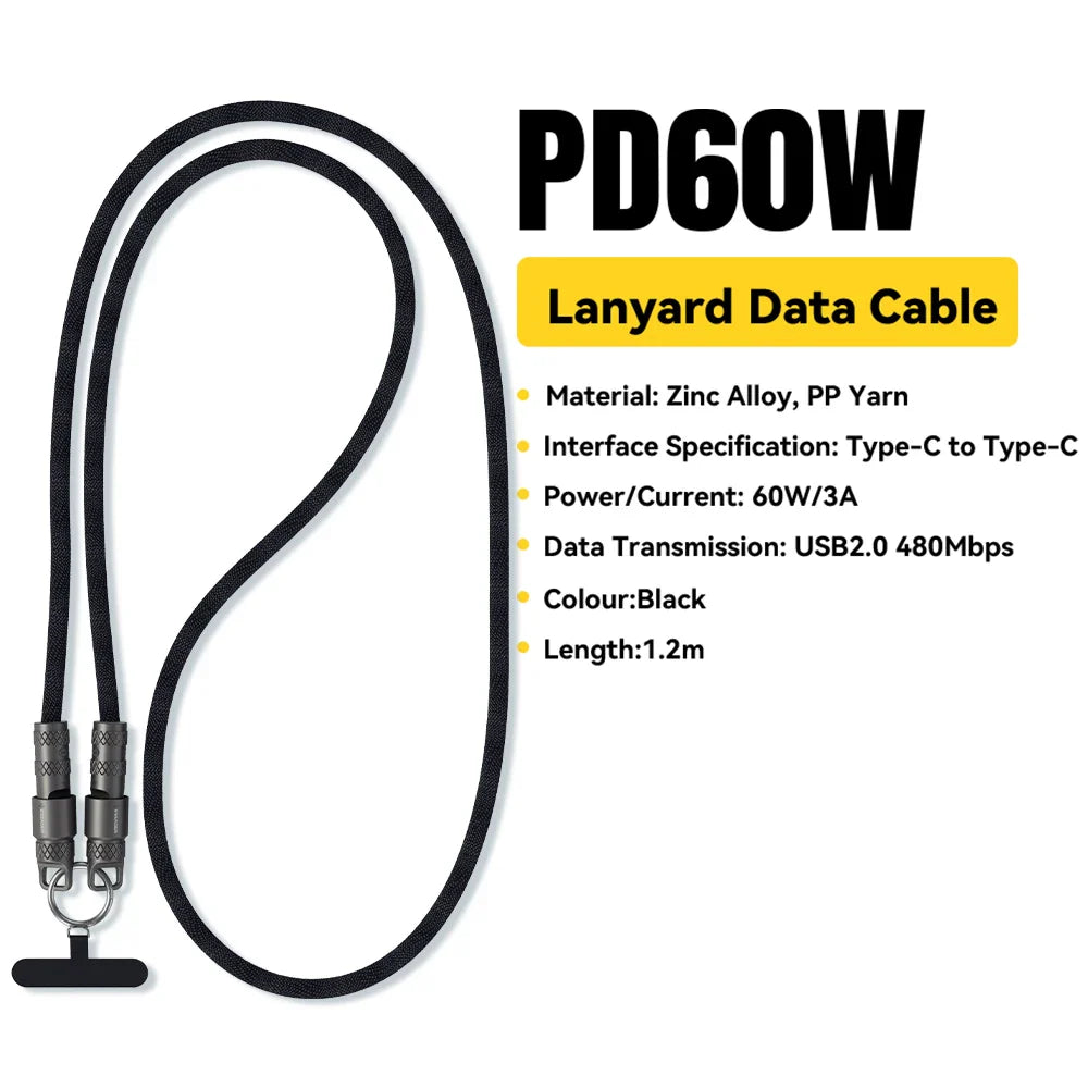 Essager 60W Type C To Type C Fast Charging Cable For iPhone 16 Xiaomi Huawei Lanyard Halter Neck Wrist Multifunctional Cable