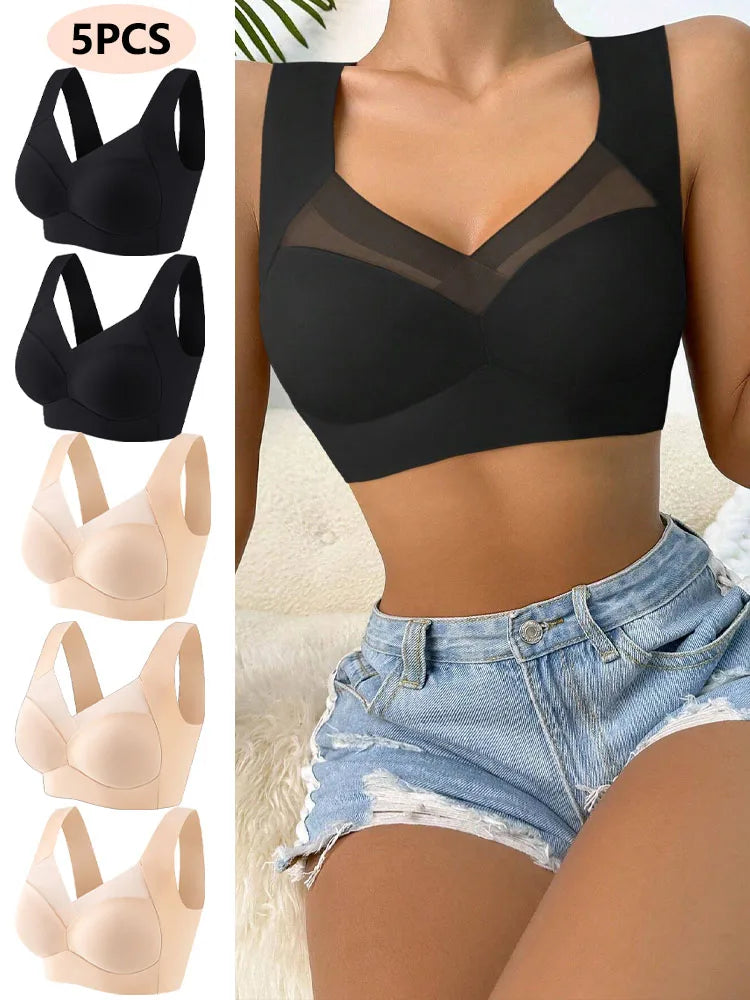 5PCS/Set Women Sexy Bras Full Cup Sports Top Soft Seamless Brassiere Lace Sexy Lingerie V Neck Intimates Underwear Plus Size Bra