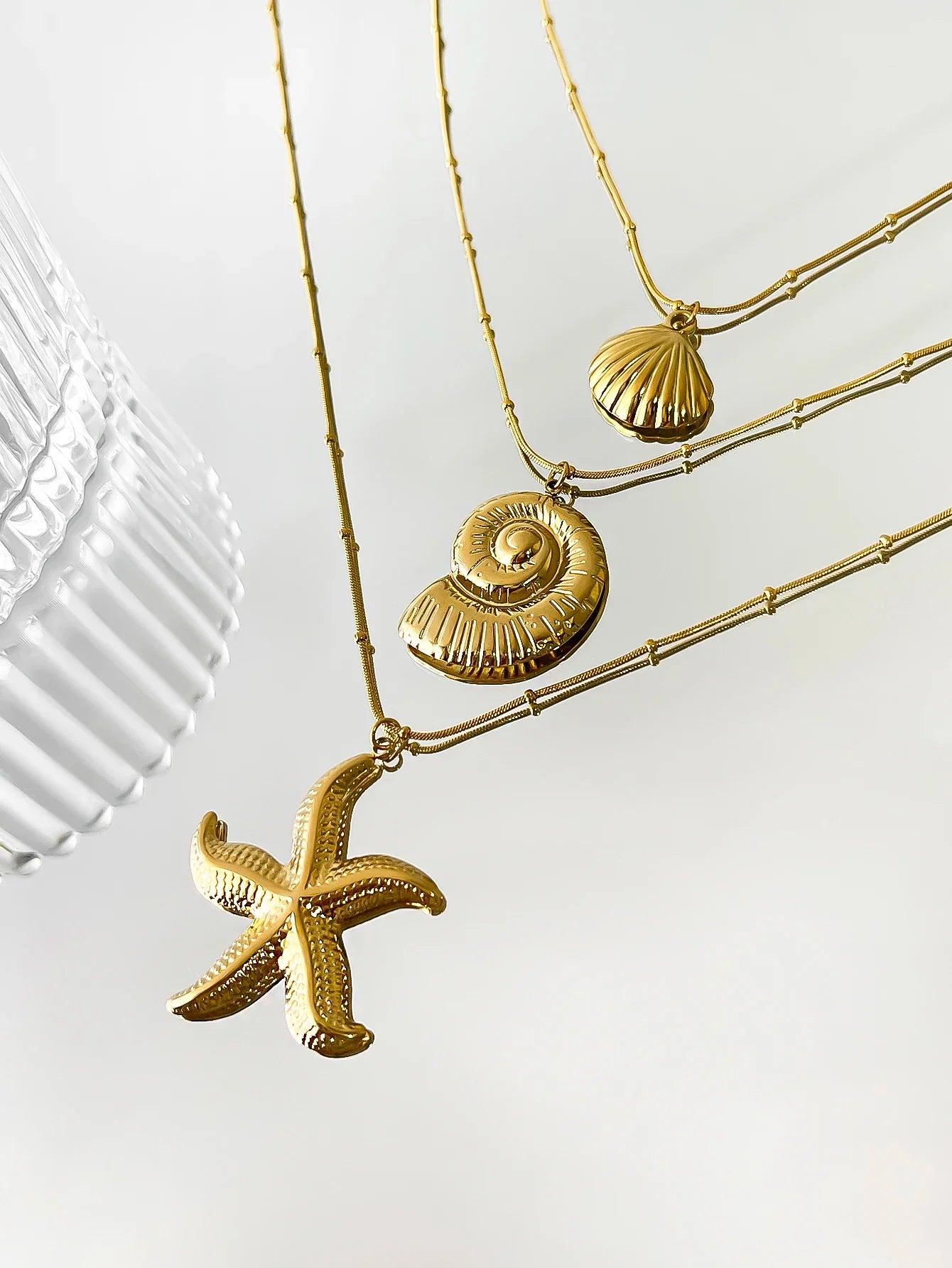 Peri'sbox Minimalist Starfish Stripe Conch Scallop Shaped Pendant Necklace for Women Waterproof Trend Jewelry Summer Beach Party