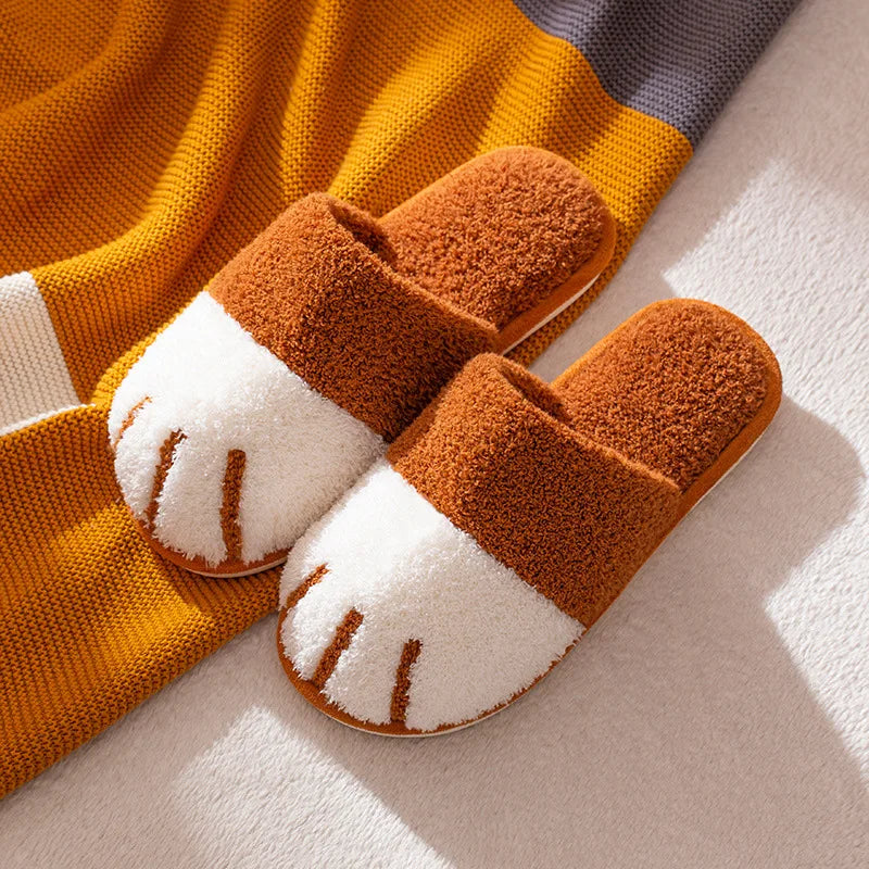Shevalues Indoor Warm Plush Slippers For Women Men Cute Cat Paw Design House Fur Slippers Mute Flats Slides Indoor Fluffy Shoes