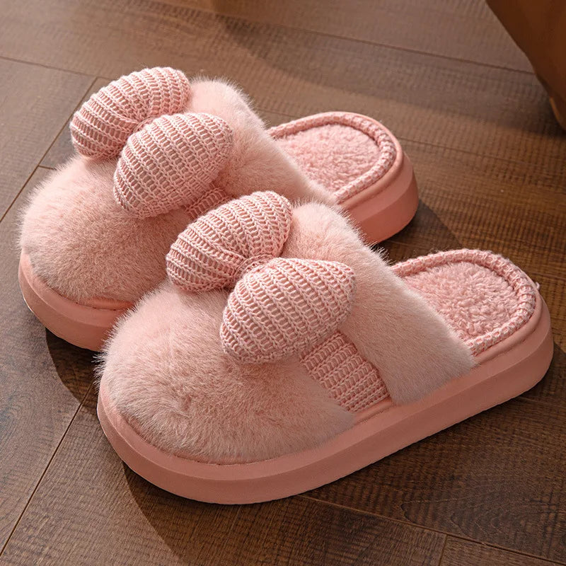 Women Fashion Plush Warm Bows Cotton Slippers Couple Winter New Thick Soft Sole Slides Men Indoor Floor Flat Home Non-slip Shoes