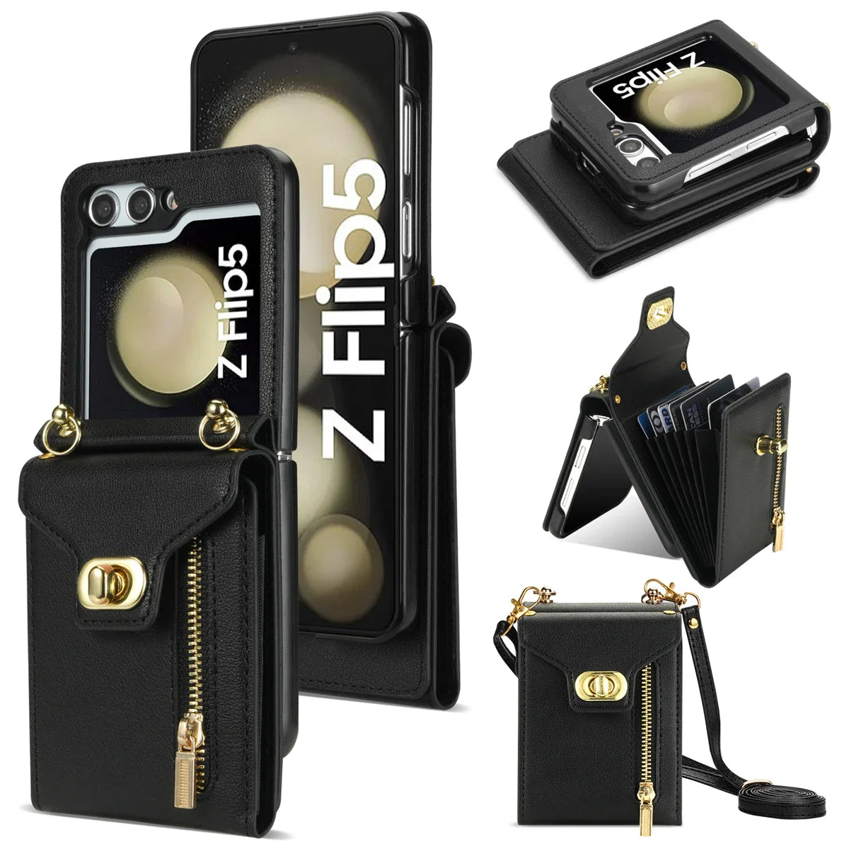 Zipper Wallet Crossbody Phone Case for Samsung Galaxy Z Flip 6 5 4 3 Flip6 Flip5 Flip4 Flip3 5G with Card Holder Leather Cover