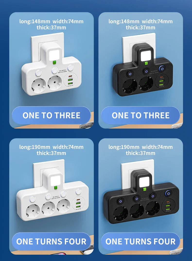 EU Plug Power Strip with 3 AC Outlets +2 USB Ports+ 1 Type C, 6-in-1 Plug Socket Adapter Wall Charger for Home Office
