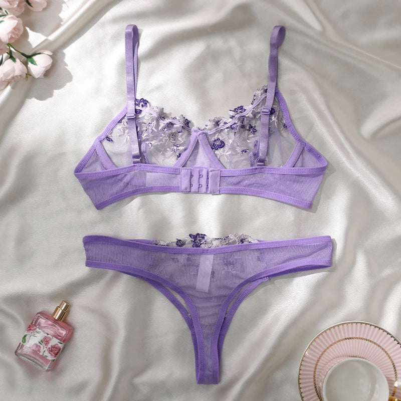 Women Floral Embroidory Underwear Set Sexy Lace Erotic Lingerie Female Bra And Brief Transparent Sensual Push Up Panty Patchwork