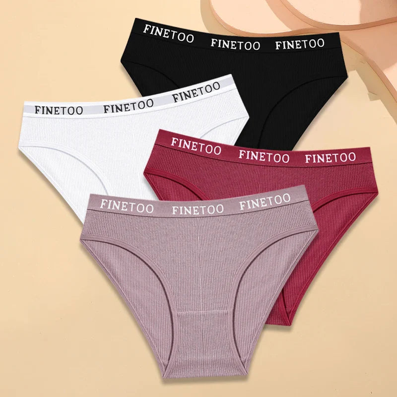FINETOO 4Pcs Cotton Striped Underwear Women's Panties Letter Belt Briefs Ladies Low Waist Lingerie Solid Breathable Underpants