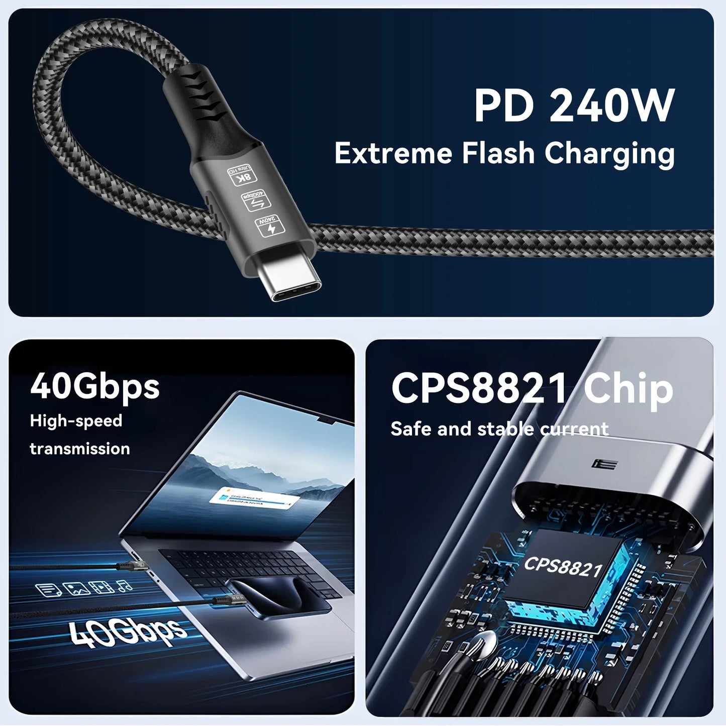 8K USB4 Typ e C Cable 40Gbps 240W PD3.1 QC4.0 For Samung Thunderbolt 4 Fast Charging Cable Thunderbolt3 USB C to C Data Transfer