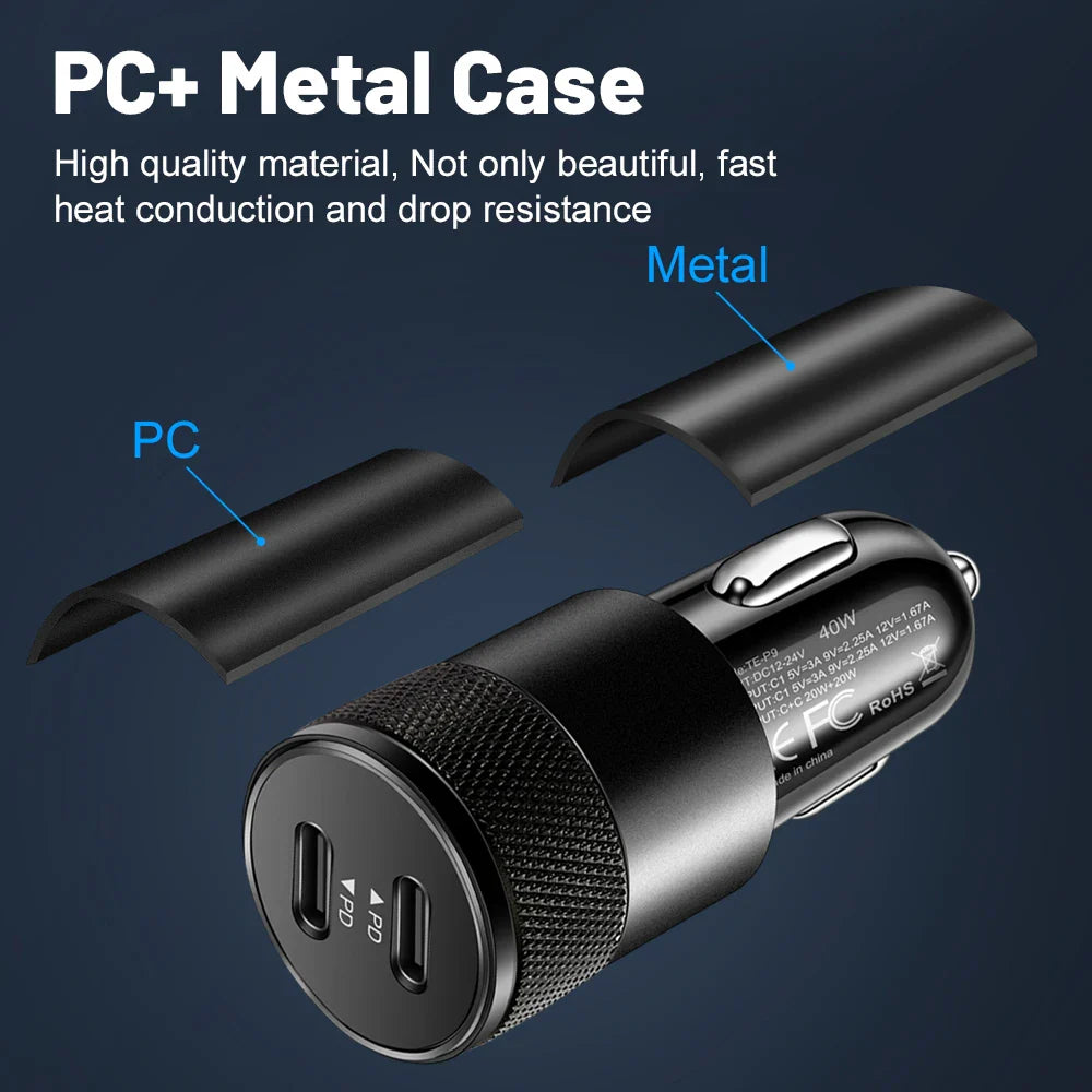 40W Dual PD Car Charger Adapter Fast Charging Type USB C Quick Charger in Car Mobile Phone for iPhone15 Pro Max Xiaomi 14 Huawei