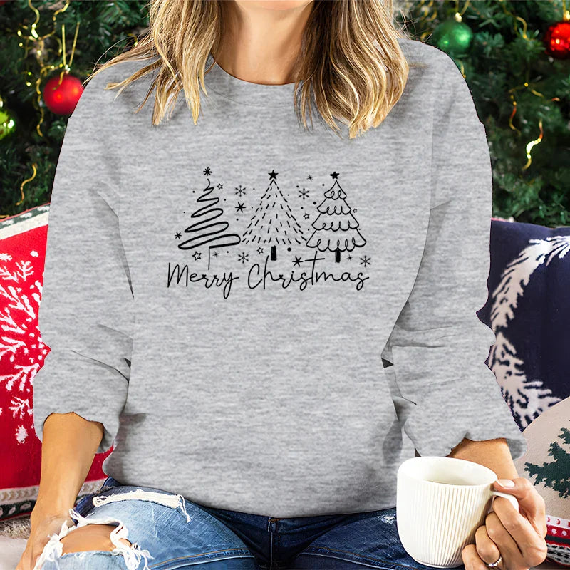 Merry Christmas Tree Trending Sweatshirts Women Funny Festive Fashion Casual Hoodies Trendy Christmas Tree Design Holiday Hoodie