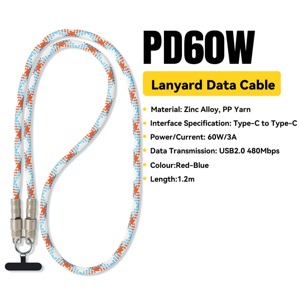 Essager 60W Type C To Type C Fast Charging Cable For iPhone 16 Xiaomi Huawei Lanyard Halter Neck Wrist Multifunctional Cable