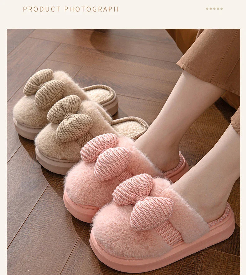 Women Fashion Plush Warm Bows Cotton Slippers Couple Winter New Thick Soft Sole Slides Men Indoor Floor Flat Home Non-slip Shoes