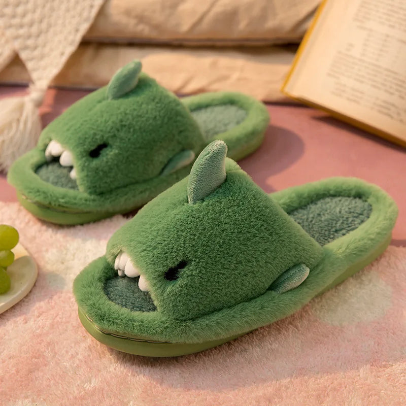 Comwarm Autumn And Winter Cartoon Shark Wool Slippers For Women Soft Home Men's Indoor Household Open Toe Plush Cotton Slippers