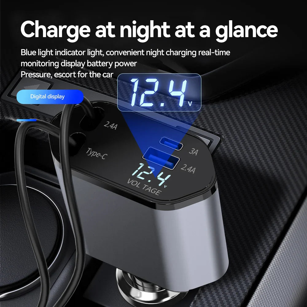 120W 4 IN 1 Car Charger with Retractable Cable and 2 USB Ports USB Type C Cigarette Lighter Adapter For IPhone Samsung Huawei