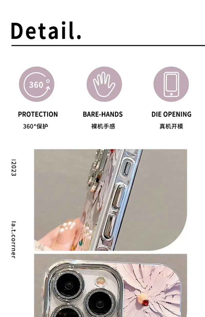 Luxury Flowers Glitter Laser Phone Case For iPhone 16 Pro Max 15 14 Plus 13 12 11 Diamond Soft Shockproof Lens protection Cover