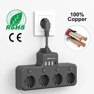 European plug power strip multi-contact socket with 3 USB and 1Type-C ports household power socket with switch surge protector